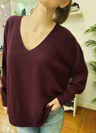 Maglia over scollo V misto cachemire Kikisix col. Vino