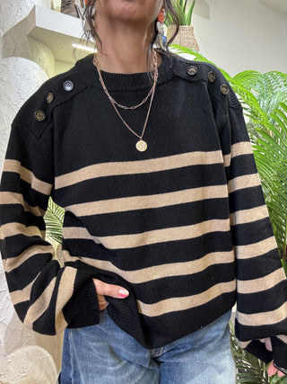Maglione Kontatto righe bottoni spalle col. nero mastice 