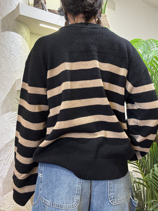 Maglione Kontatto righe bottoni spalle col. nero mastice 