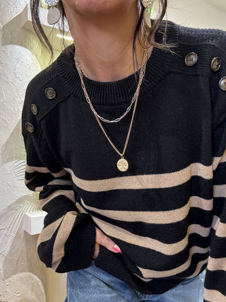 Maglione Kontatto righe bottoni spalle col. nero mastice 