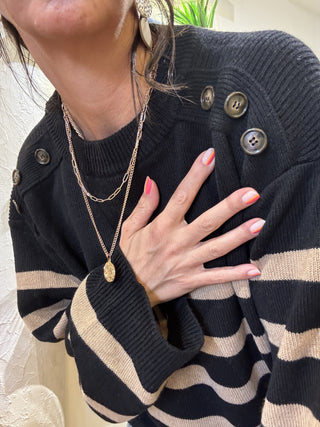 Maglione Kontatto righe bottoni spalle col. nero mastice 