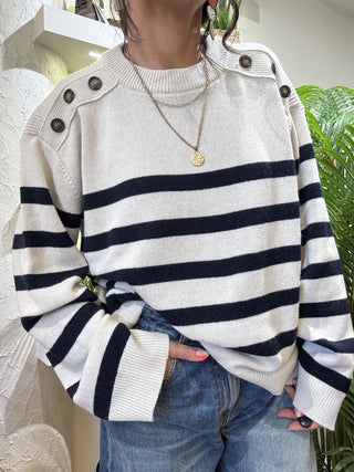 Maglione Kontatto righe bottoni spalle col. burro blu 