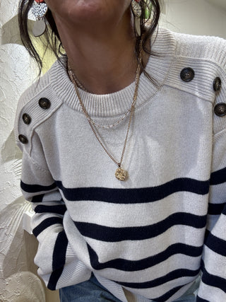 Maglione Kontatto righe bottoni spalle col. burro blu 