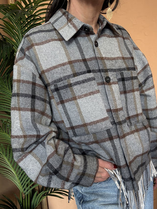 Camicia Vicolo quadri frange col.grigio cammello<BR/> 