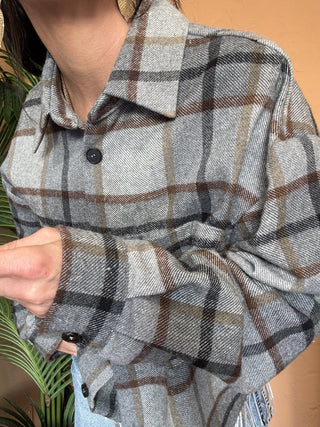 Camicia Vicolo quadri frange col.grigio cammello<BR/> 
