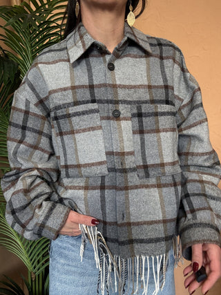 Camicia Vicolo quadri frange col.grigio cammello<BR/> 
