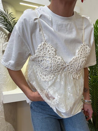 T shirt Haveone con top pizzo e Macrame' col. Burro