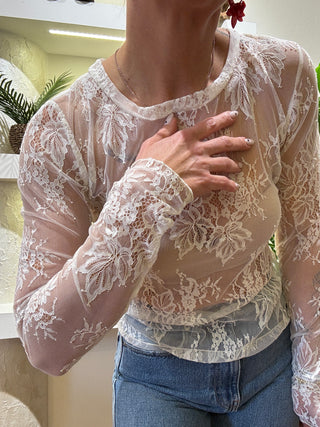 Top Vicolo manica lunga pizzo trasparente col. Burro