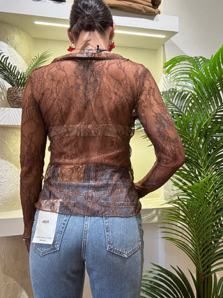 Top Vicolo manica lunga pizzo trasparente col. Marrone