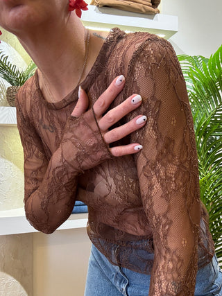 Top Vicolo manica lunga pizzo trasparente col. Marrone