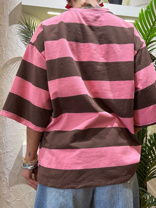 T shirt Vicolo righe over alamari col Marr/rosa