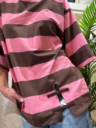T shirt Vicolo righe over alamari col Marr/rosa