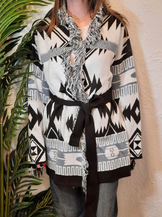 Cardigan Vicolo fantasia etnica col. Bianco-azzurro-marrone