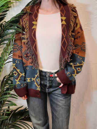 Cardigan etnico Haveone col. Ottanio-Cuoio-Bordeaux