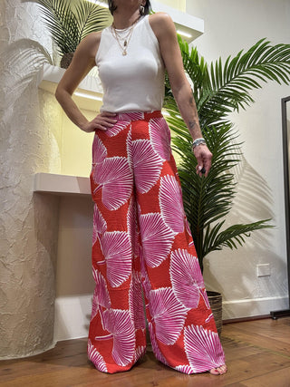 Pantalone Compagnia Fantastica palme col. rosso/ fucsia 